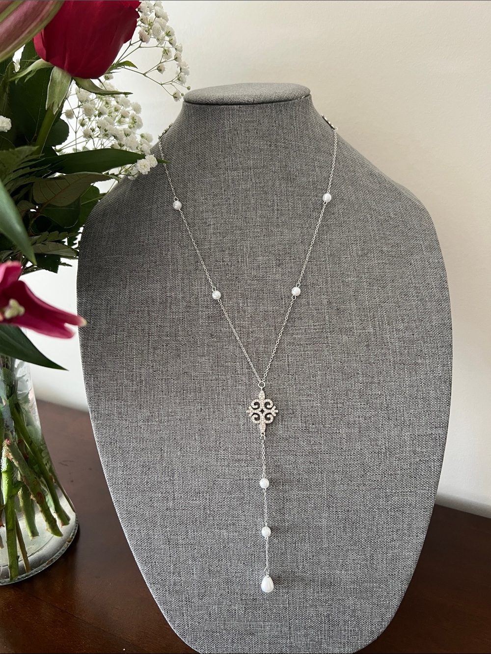 Silver-Tone Genuine Pearl Lariat Necklace | Central Asian Nomadic Design
